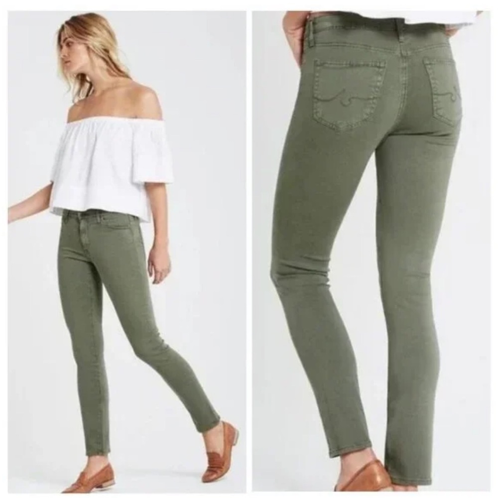AG ADRIANO GOLDSCHMIED Green THE PRIMA Cigarette Leg 5 Pocket Logo Button Jeans
